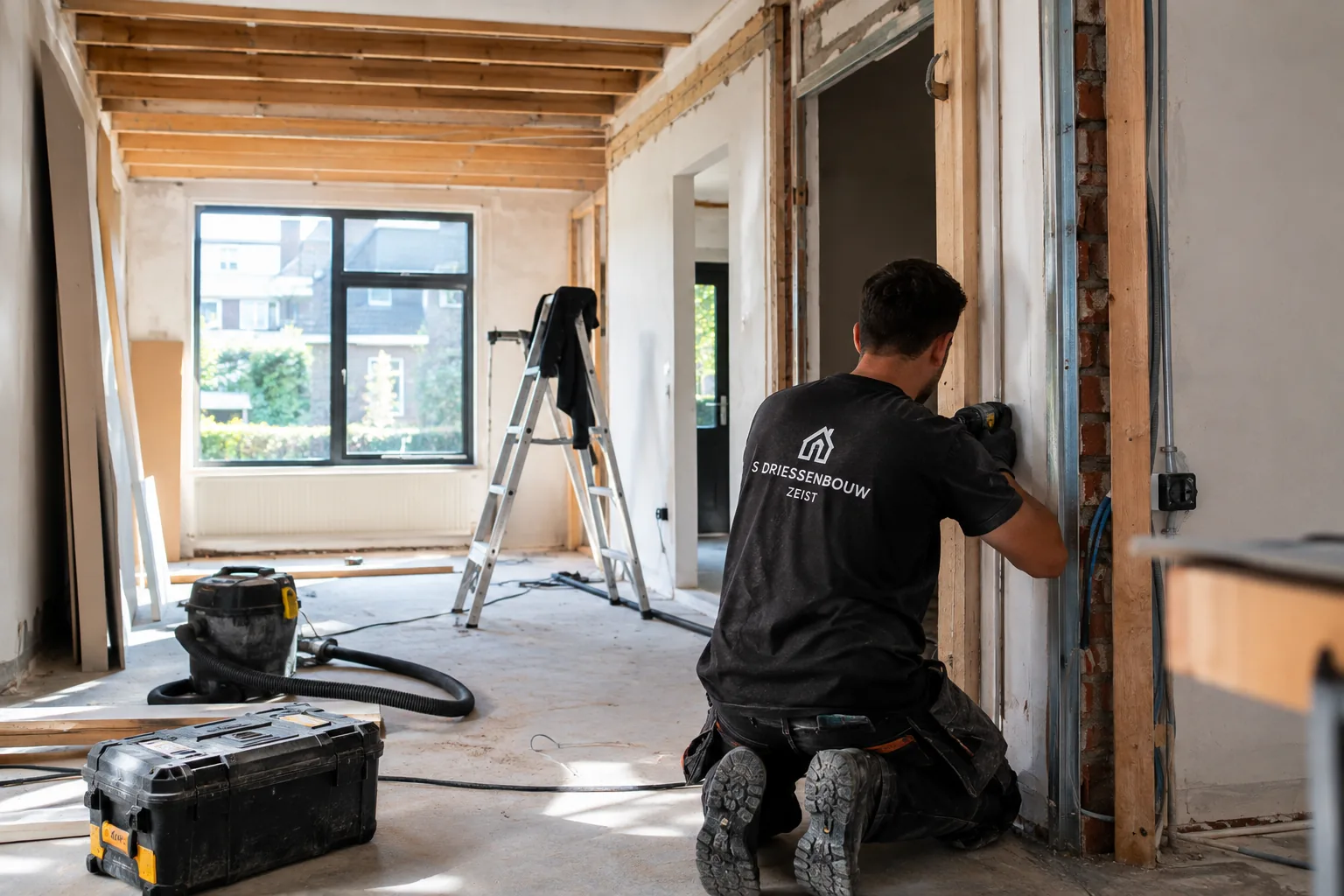 Vakman van S. Driessenbouw Zeist plaatst een kozijn tijdens een verbouwing