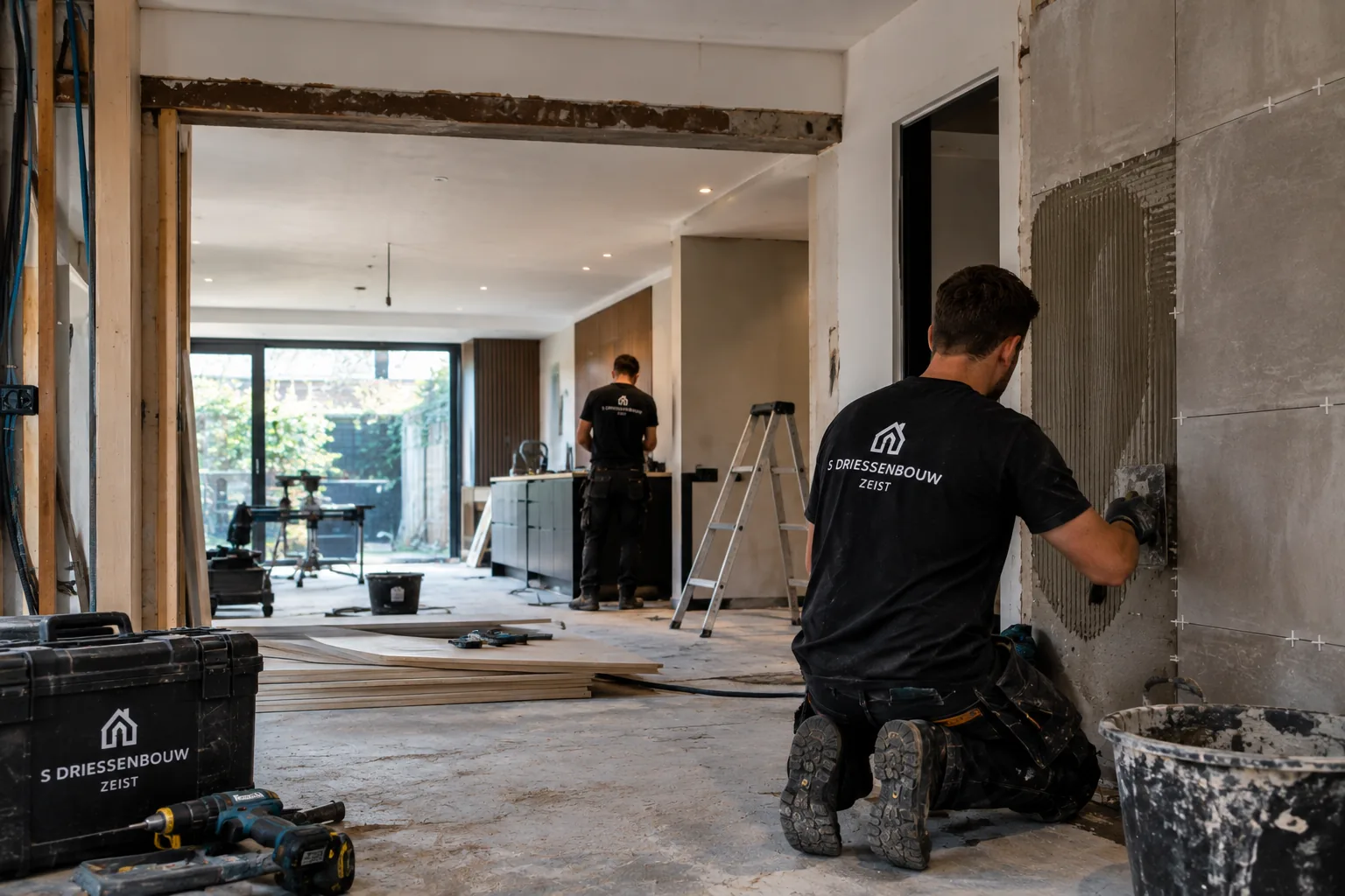 Vakmensen van S. Driessenbouw Zeist aan het werk tijdens een verbouwing