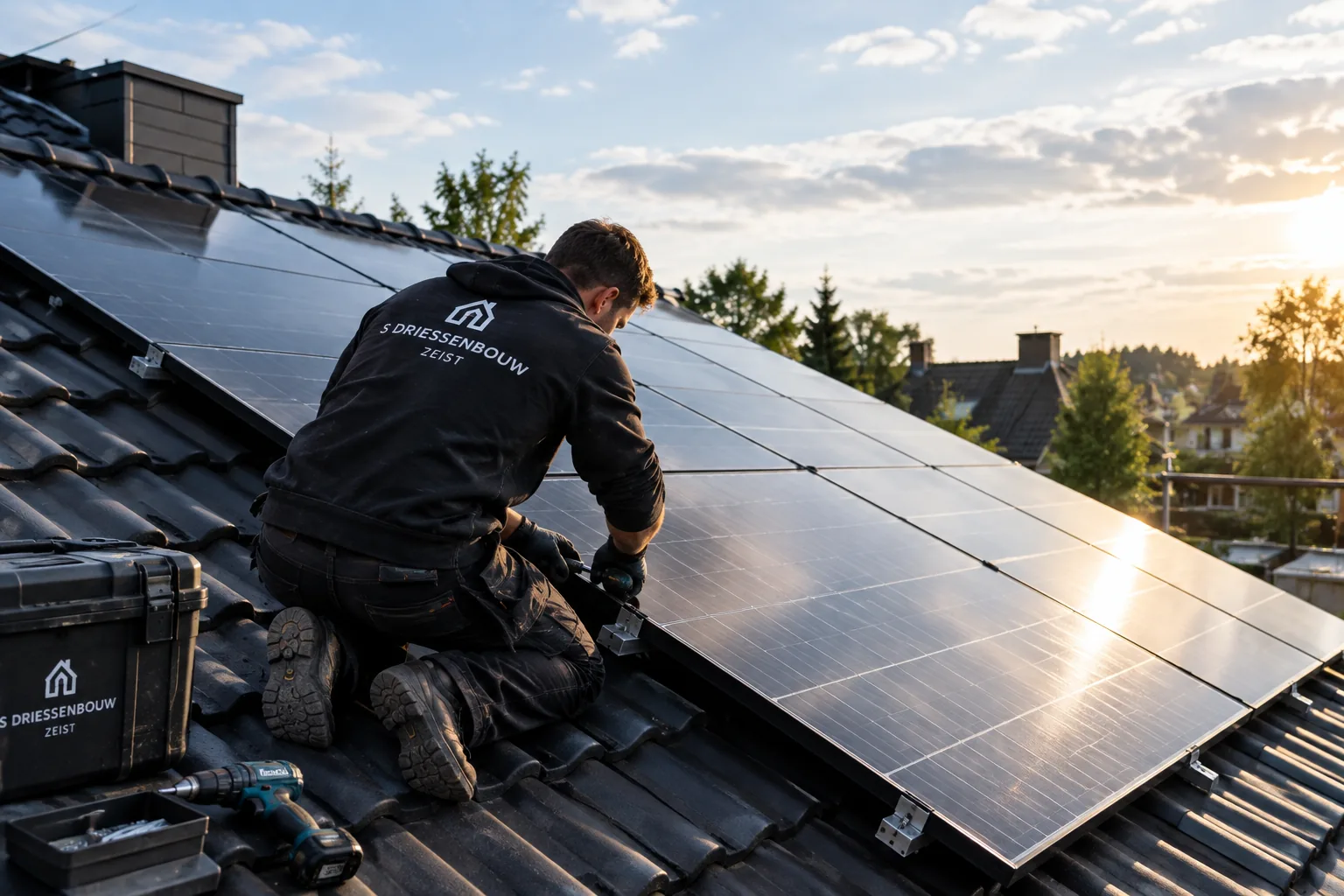 Monteur van S. Driessenbouw Zeist installeert zonnepanelen op een dak bij zonsondergang